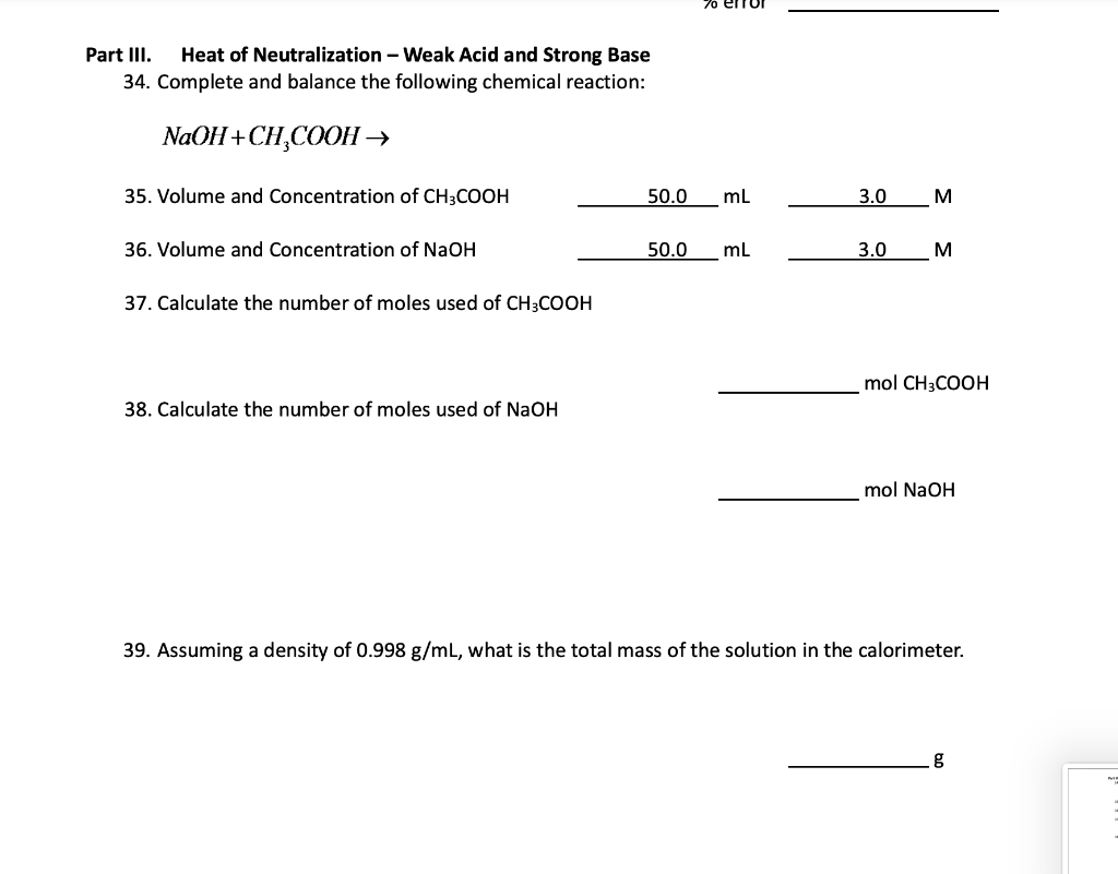 Solved Part III. Heat of Neutralization - Weak Acid and | Chegg.com