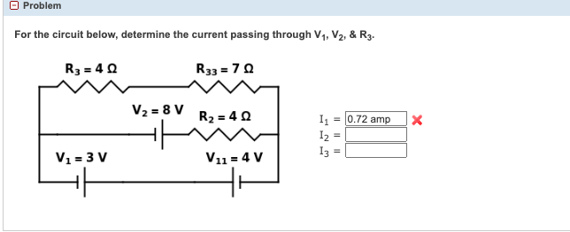 For the circuit below, determine the current passing through \( V_{1}, V_{2}, \& R_{3} \).