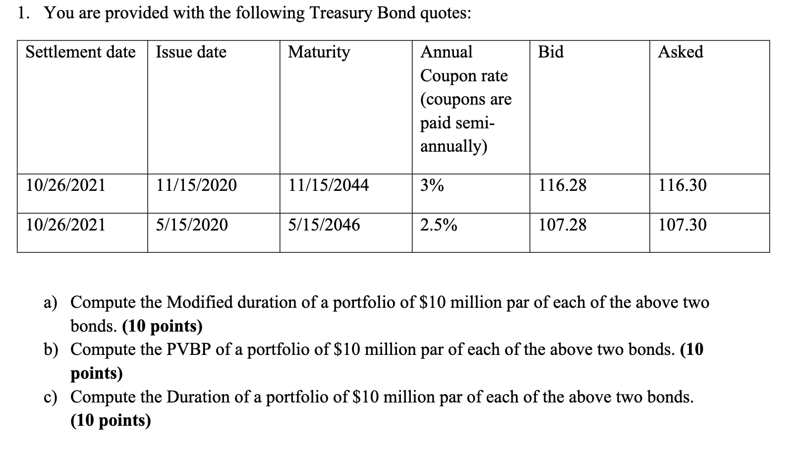 Solved 1. You are provided with the following Treasury Bond | Chegg.com