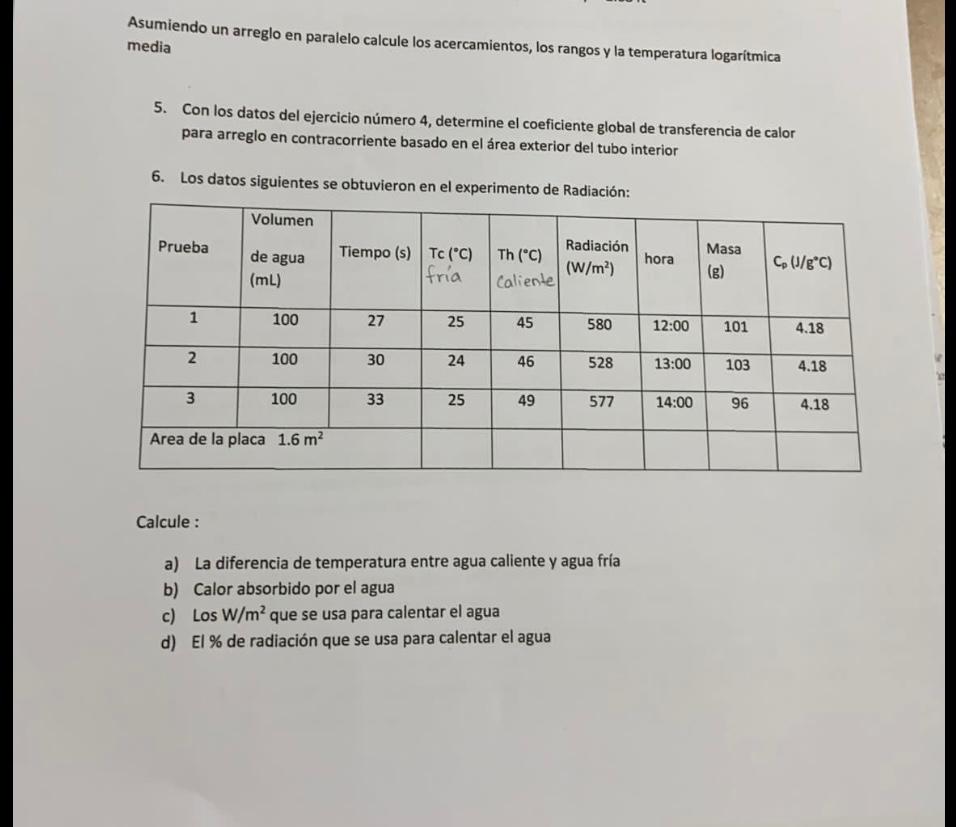 Asumiendo un arreglo en paralelo calcule los acercamientos, los rangos y la temperatura logarítmica media 5. Con los datos de