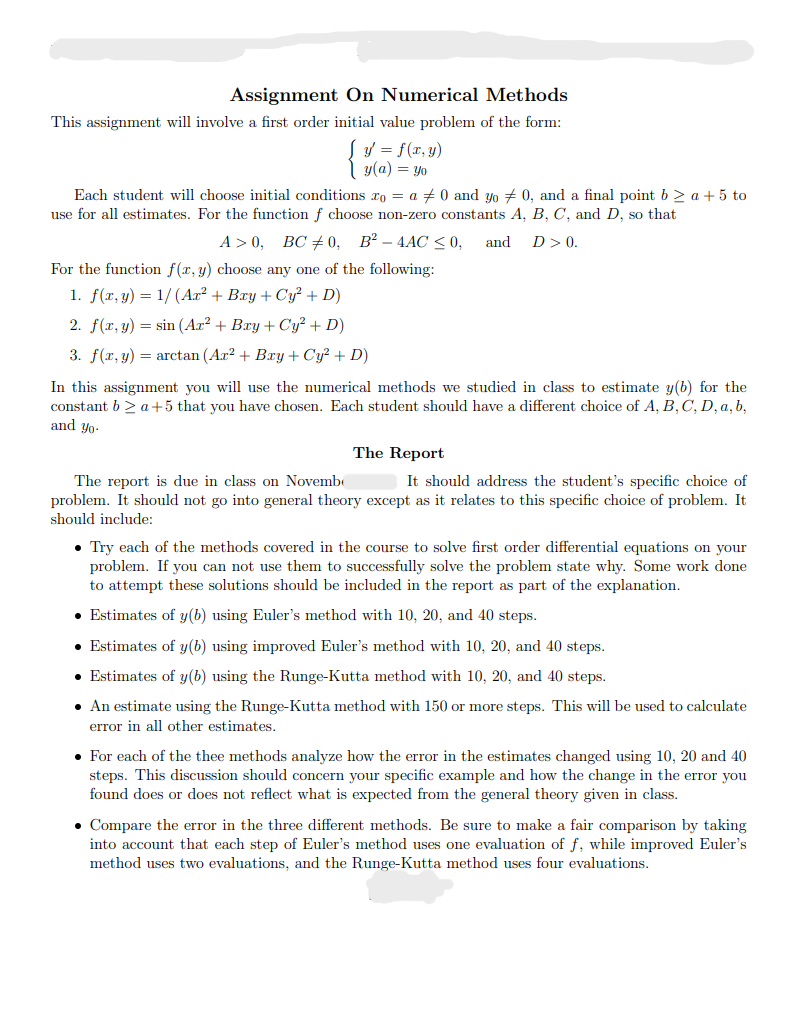 Assignment On Numerical Methods This assignment will | Chegg.com