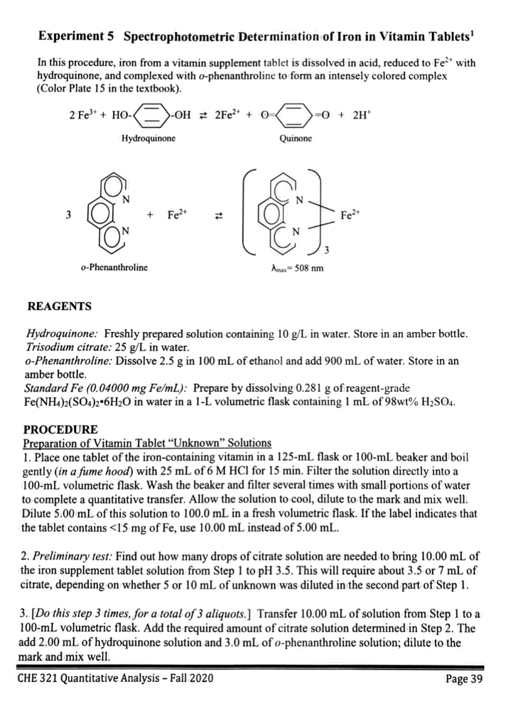 Experiment 5 Spectrophotometric Determination Of Iron | Chegg.com