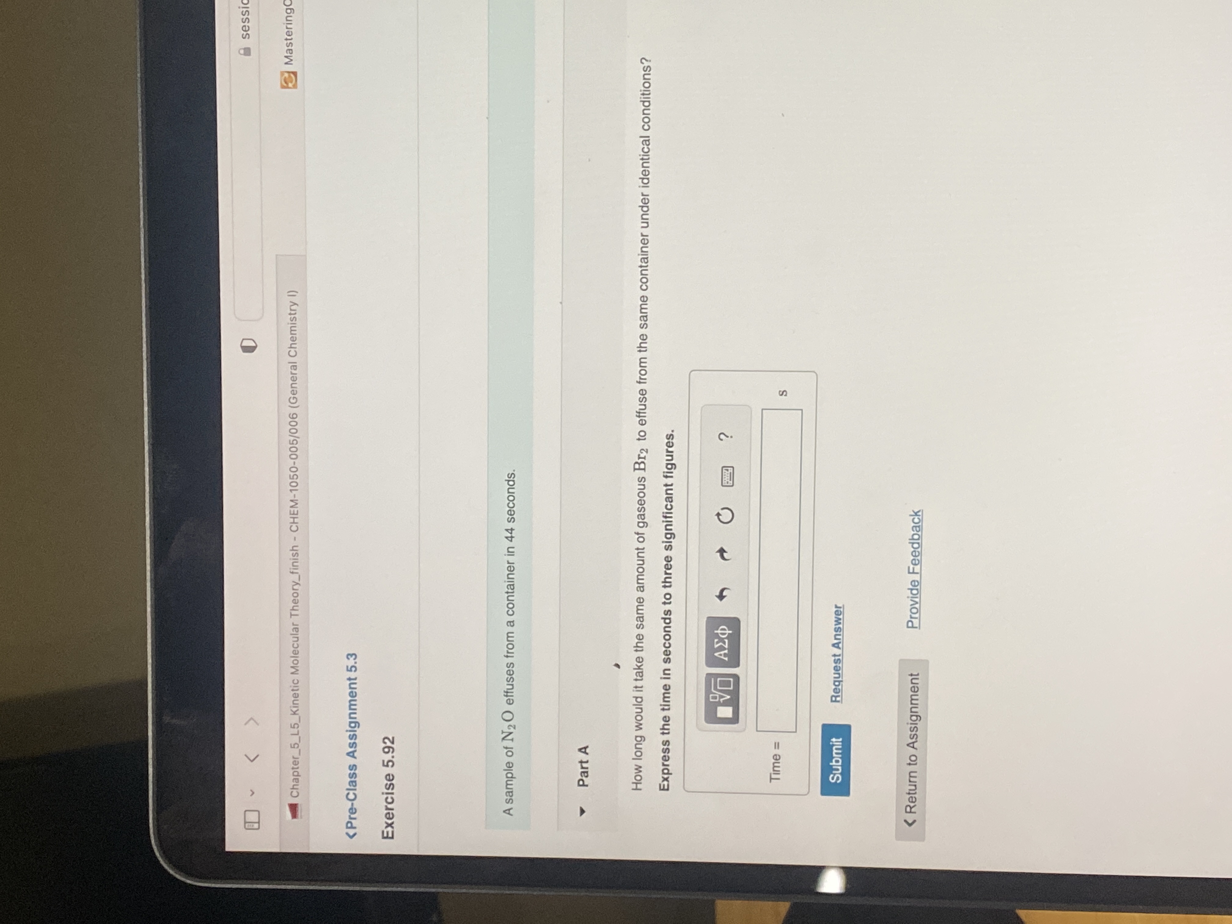 Solved A sample of N2O effuses from a container in 44 | Chegg.com