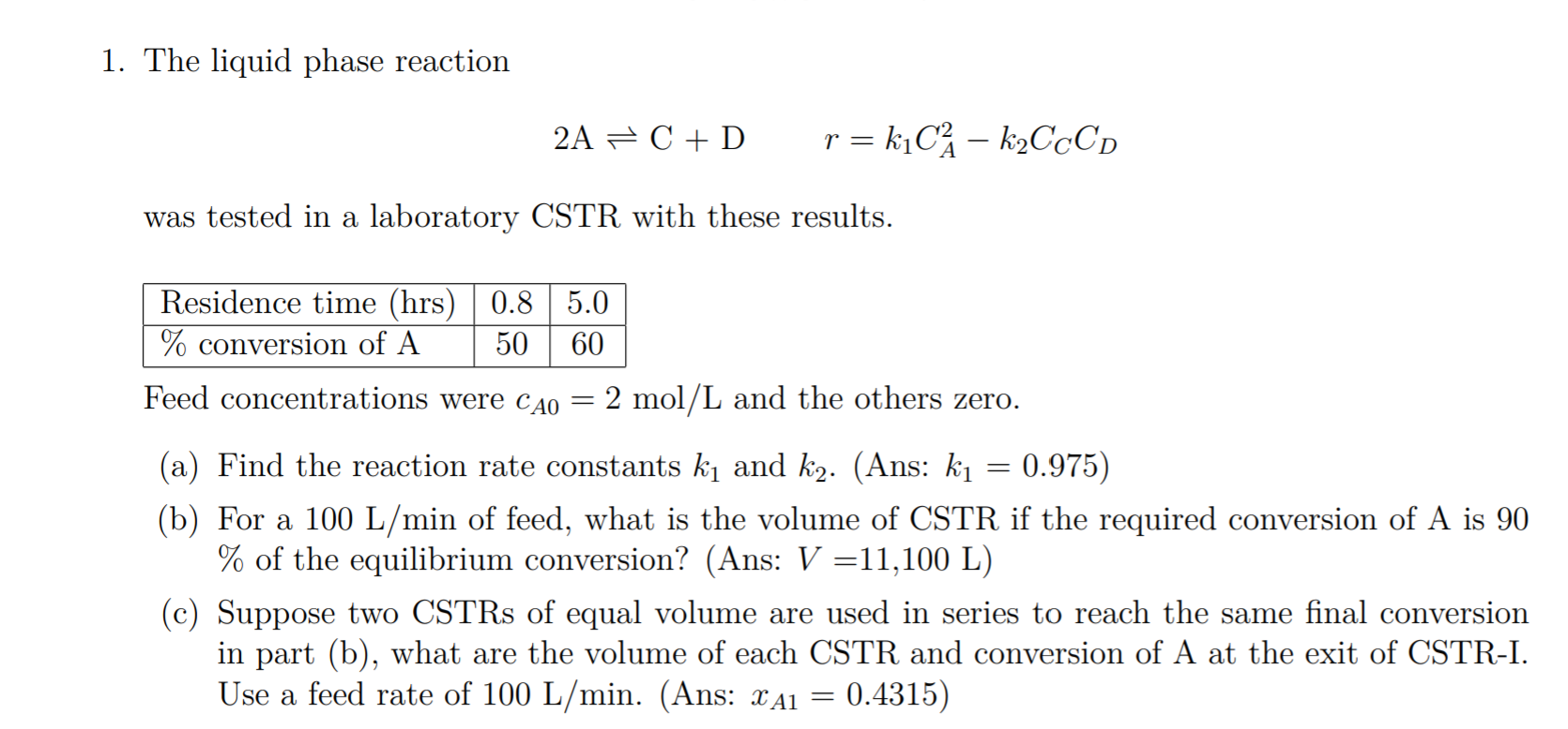 Solved 1. The liquid phase reaction 2A = C + D r=kiCĂ – | Chegg.com
