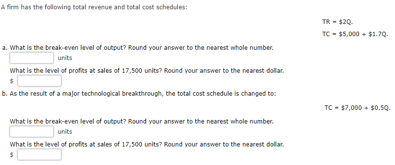 Solved A firm has the following total revenue and total cost | Chegg.com