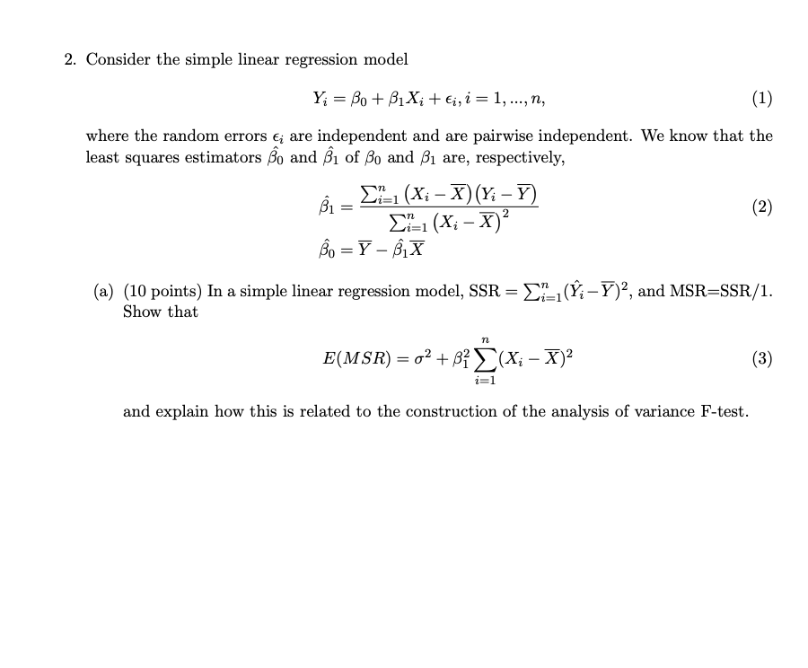 Solved 2. Consider The Simple Linear Regression Model Yį = | Chegg.com