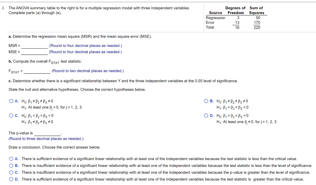 Solved Degrees of Sum of Freedom Squares 3. The ANOVA | Chegg.com