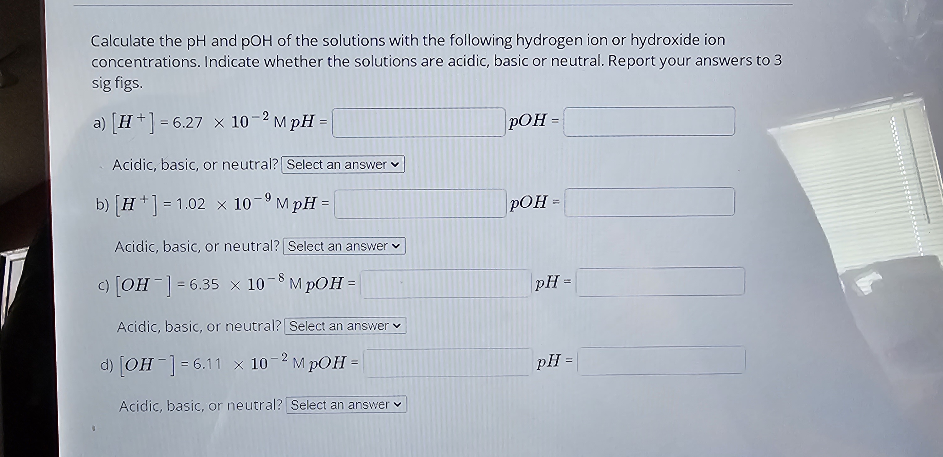 calculate the ph of an aqueous solution with poh 6.92