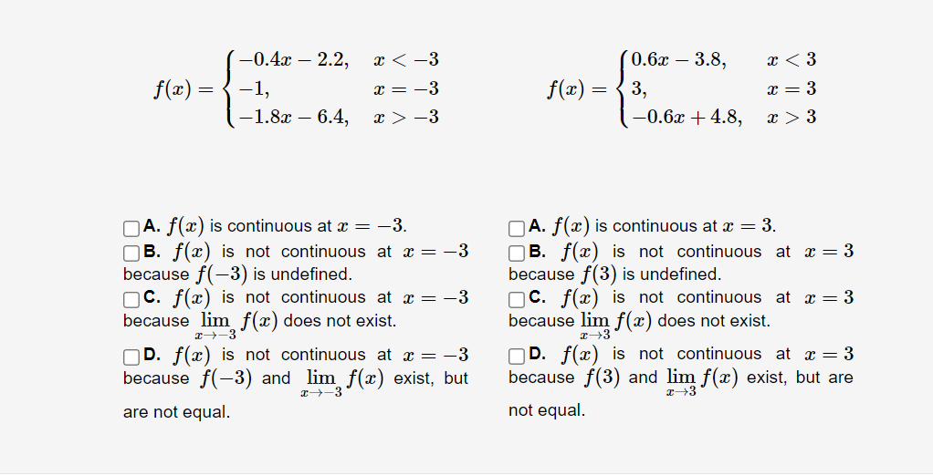 Solved f(x) = -0.4x - 2.2, -1, -1.8x - 6.4, x
