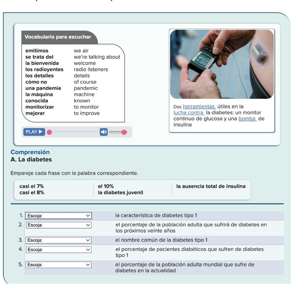 insulina Comprensión A. La diabetes Empareje cada frase con la palabra correspondiente.