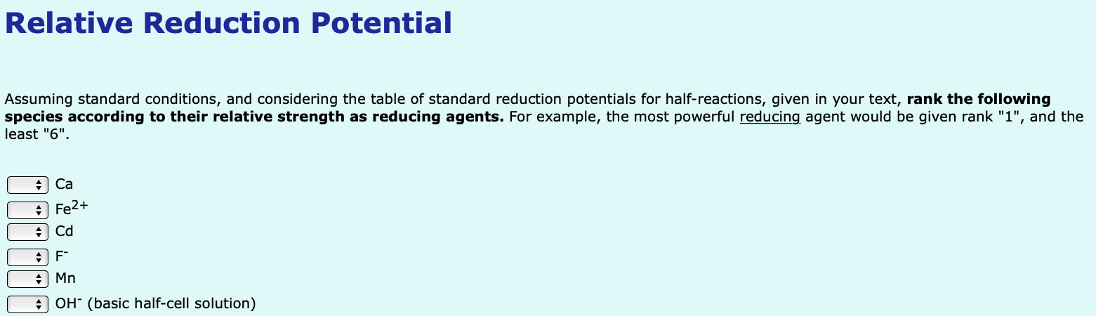 Solved Relative Reduction Potential Assuming standard | Chegg.com