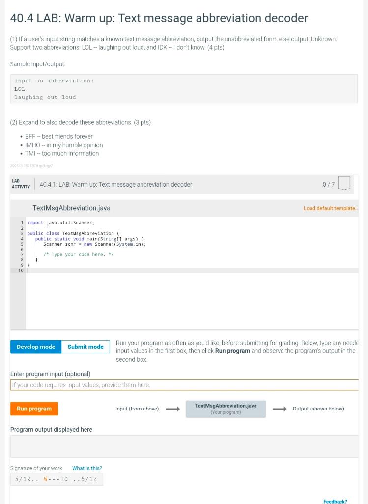 Solved 40 4 lab warm up text message abbreviation decoder chegg