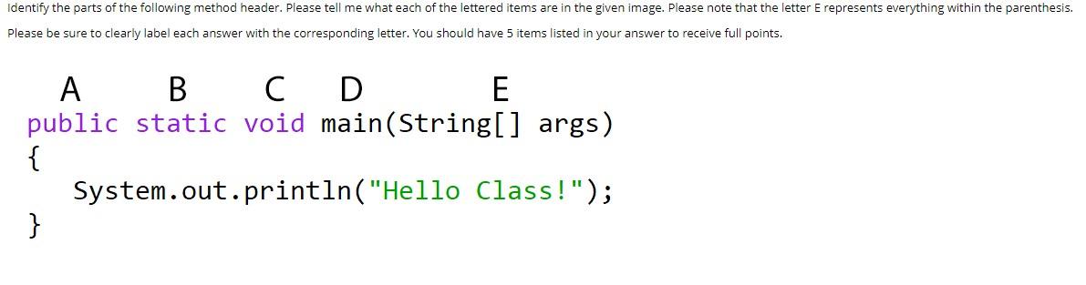 Solved Identify the parts of the following method header. | Chegg.com
