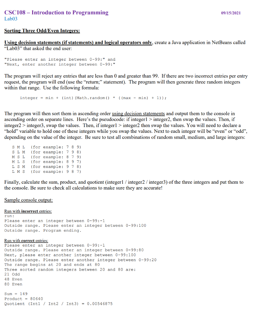 Solved Lab03 Sorting Three Odd/Even Integers: Using decision | Chegg.com