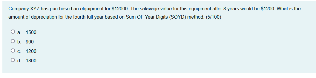 Solved Company XYZ has purchased an elquipment for $12000. | Chegg.com