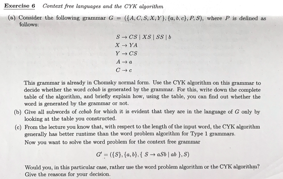 Exercise 6 Context Free Languages And The CYK | Chegg.com