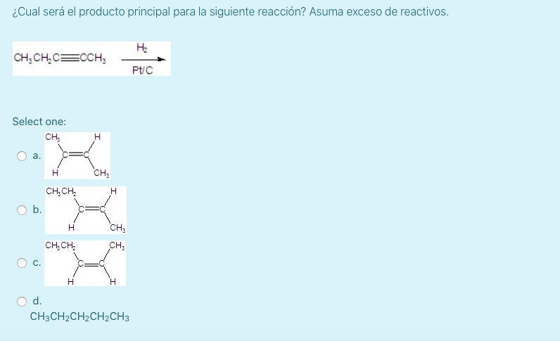 ¿Cual será el producto principal para la siguiente reacción? Asuma exceso de reactivos. \[ \mathrm{CH}_{3} \mathrm{CH}_{2} \m