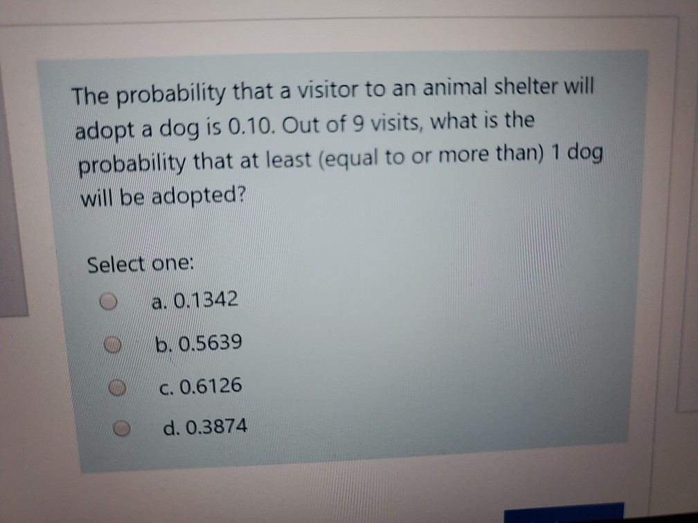 Solved The probability that a visitor to an animal shelter | Chegg.com