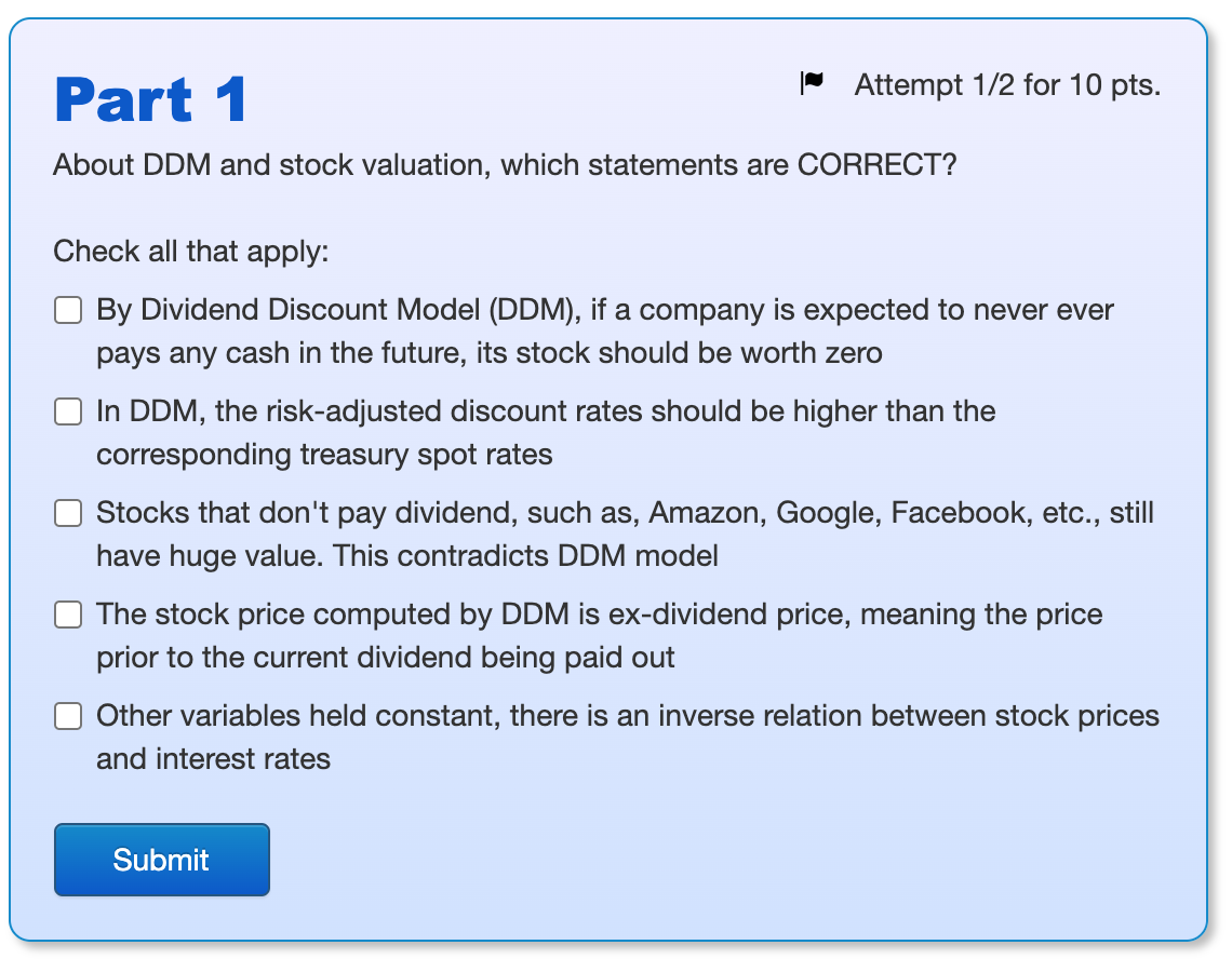 Solved Part 1 | Attempt 1/2 for 10 pts. About DDM and stock | Chegg.com