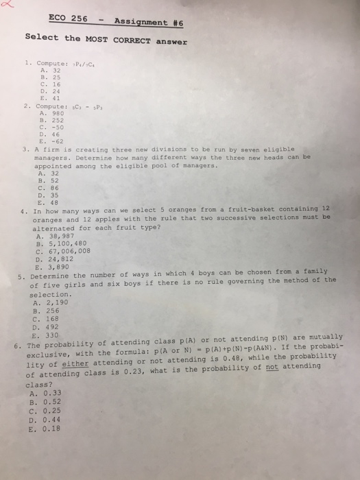 Solved ECO 256 - Assignment #6 Select the MOST CORRECT | Chegg.com