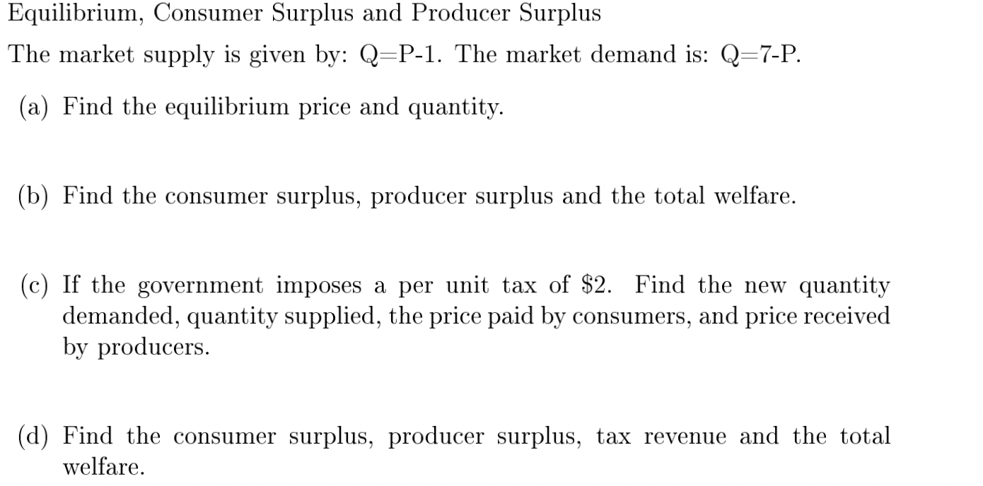 Solved Equilibrium, Consumer Surplus and Producer Surplus
