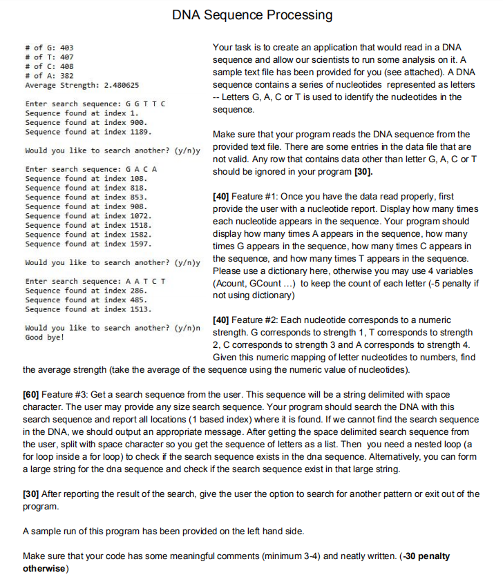 DNA Sequence Processing # of G: 403 Your task is to | Chegg.com