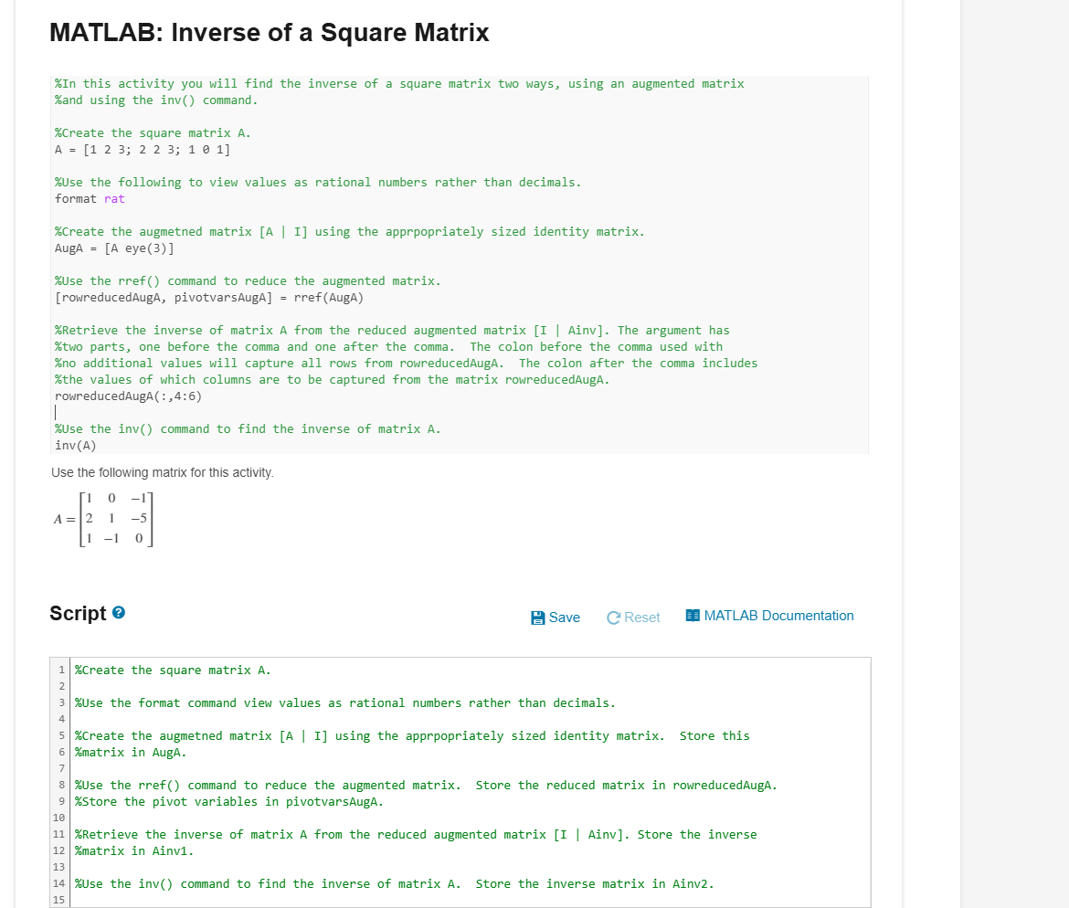 Solved MATLAB: Inverse of a Square Matrix | Chegg.com