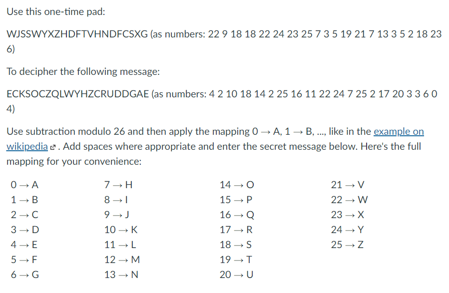 Solved Use this one-time pad: WJSSWYXZHDFTVHNDFCSXG (as | Chegg.com