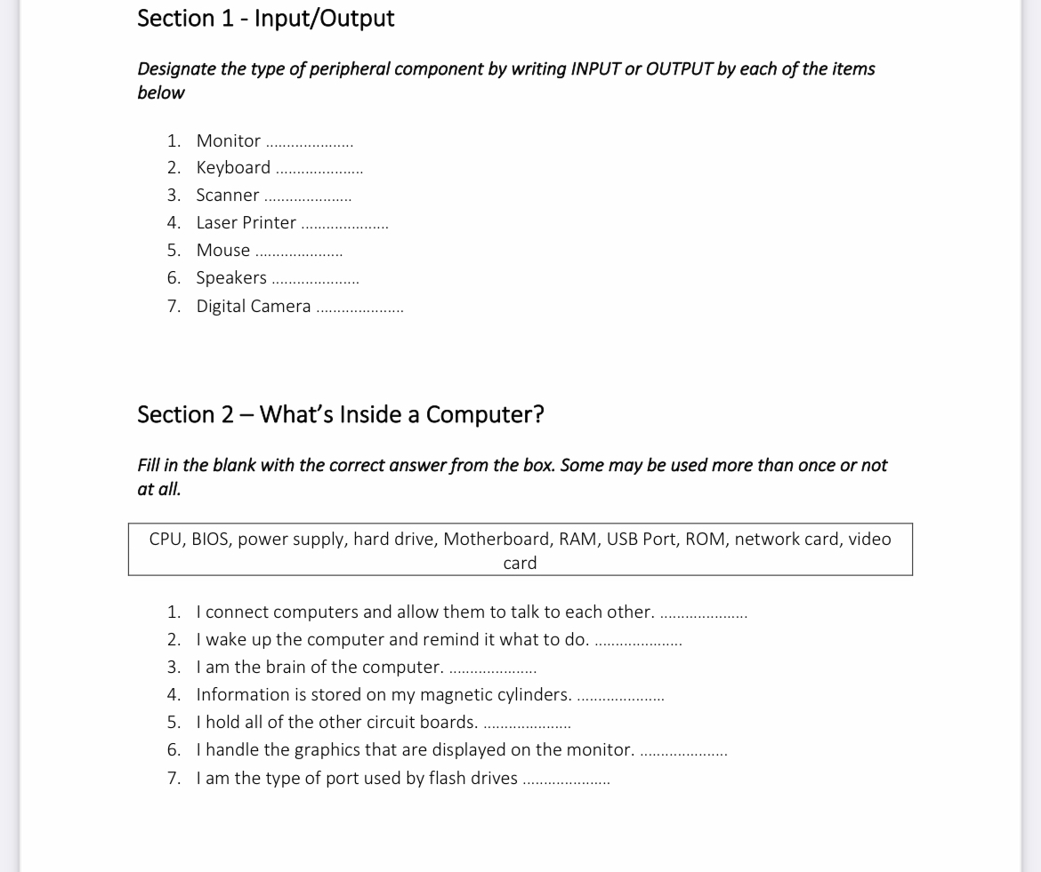 Solved Section 1 - Input/OutputDesignate the type of | Chegg.com
