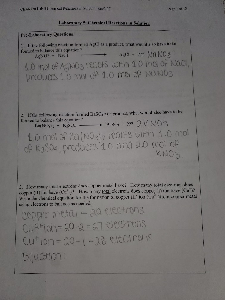 Solved CHM-120 Lab 5 Chemical Reactions in Solution Rev2-17 | Chegg.com