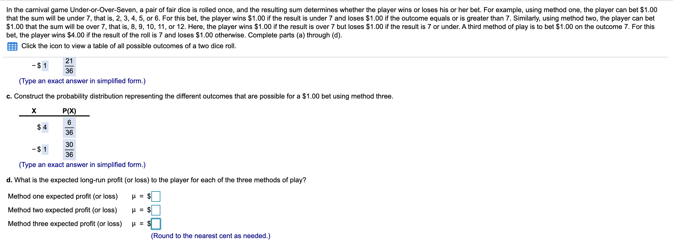Solved In the carnival game Under-or-Over-Seven, a pair of | Chegg.com