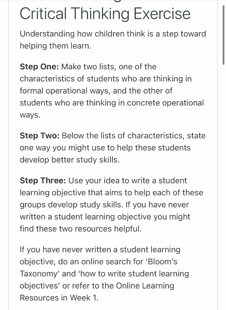 Solved Critical Thinking Exercise Understanding how children | Chegg.com