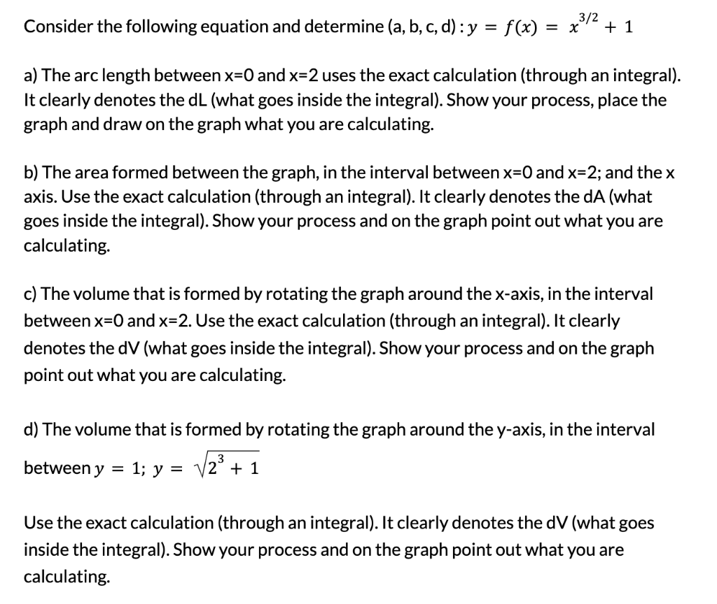 Consider the following equation and determine \( (\mathrm{a}, \mathrm{b}, \mathrm{c}, \mathrm{d}): y=f(x)=x^{3 / 2}+1 \) a) T