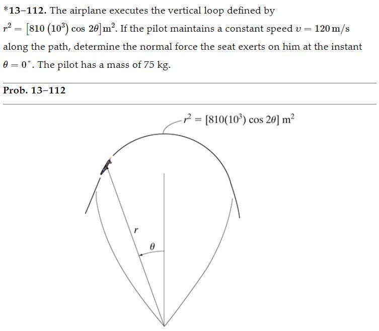 *13-112. The airplane executes the vertical loop defined by \( r^{2}=\left[810\left(10^{3}\right) \cos 2 \theta\right] \mathr