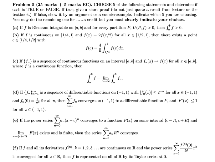 Solved Problem 5 (25 marks + 5 marks EC). CHOOSE 5 of the | Chegg.com