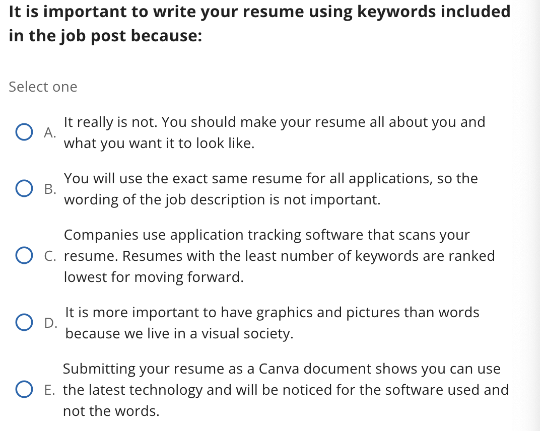 Solved It is important to write your resume using keywords | Chegg.com