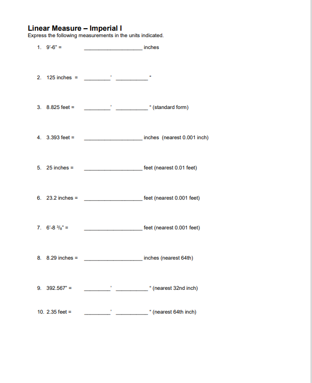 Solved 3. 8.825 feet = " (standard form) 4. 3.393 feet = | Chegg.com
