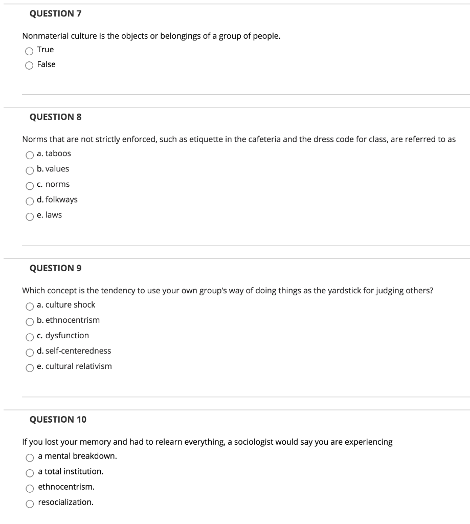 Solved QUESTION 7 Nonmaterial Culture Is The Objects Or Chegg