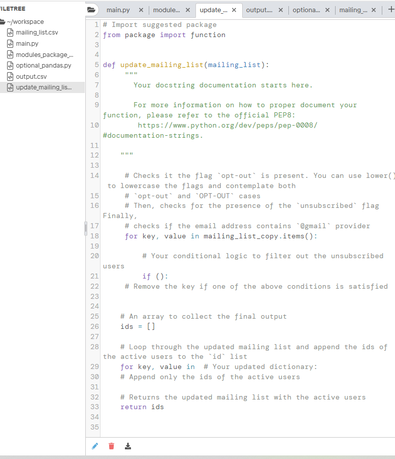 Overview = FILETREE X + -/Workspace mailing list.csv | Chegg.com