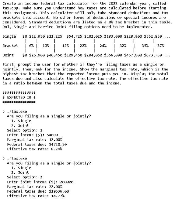 Create a program in C++ that is a federal income tax | Chegg.com