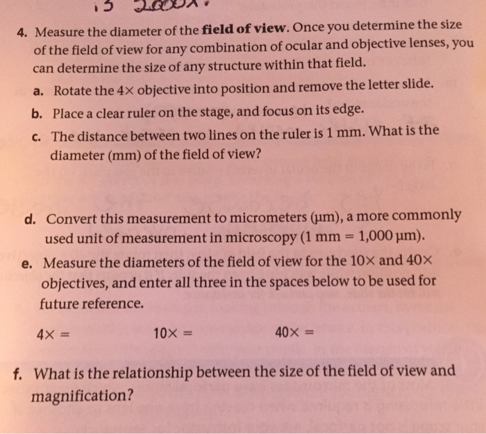 Solved 4. Measure the diameter of the field of view. Once