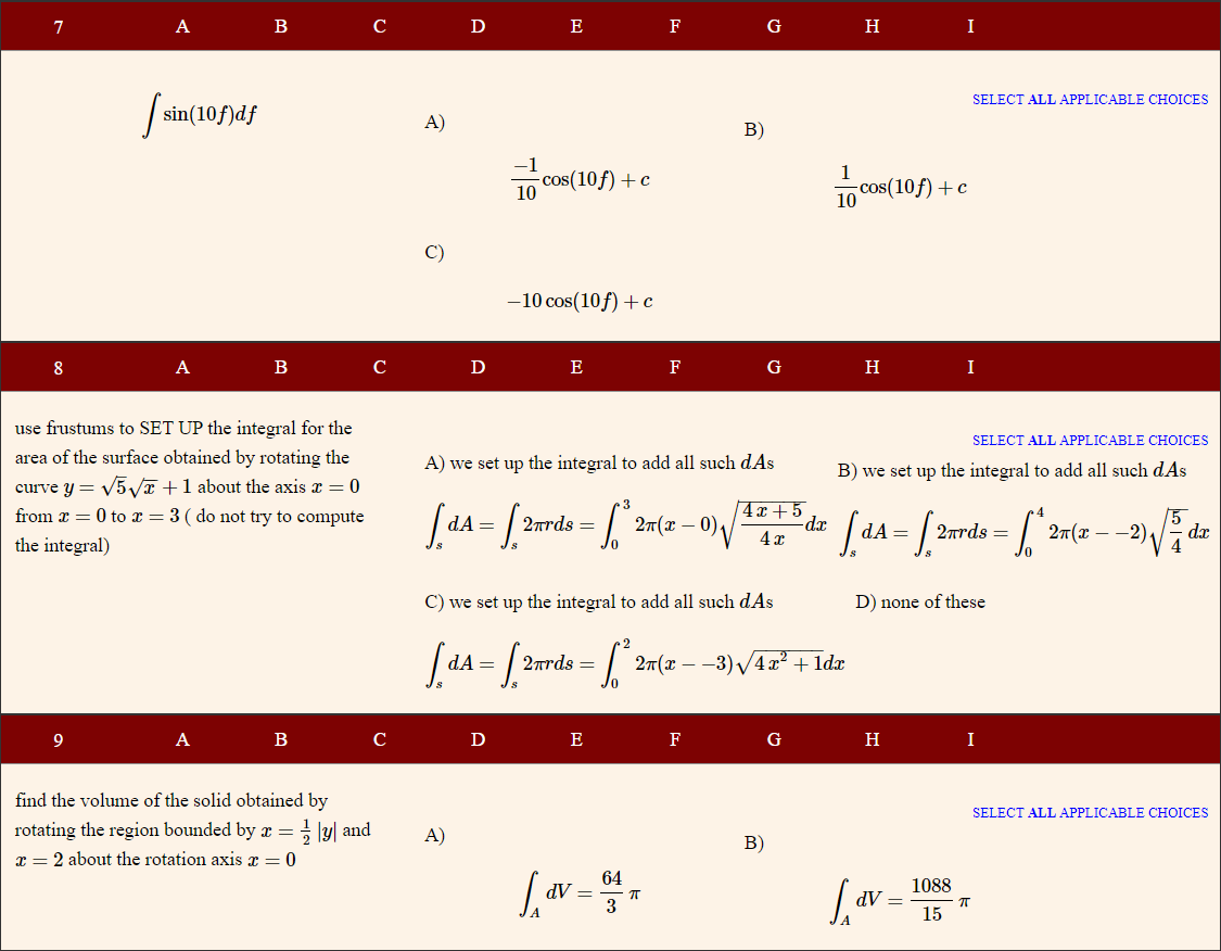 Solved 7 A B с D E F G H I SELECT ALL APPLICABLE CHOICES | Chegg.com