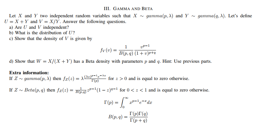 Solved Iii Gamma And Beta Let X And Y Two Independent Ra Chegg Com