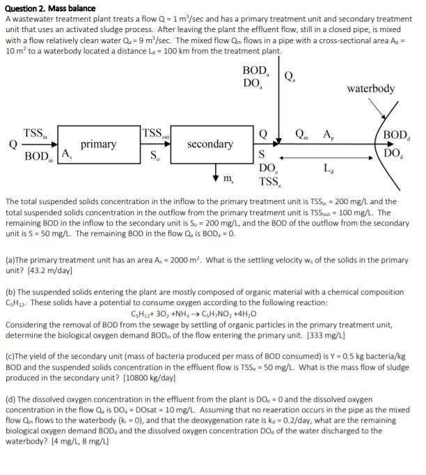 Solved Question 2. Mass balance A wastewater treatment plant