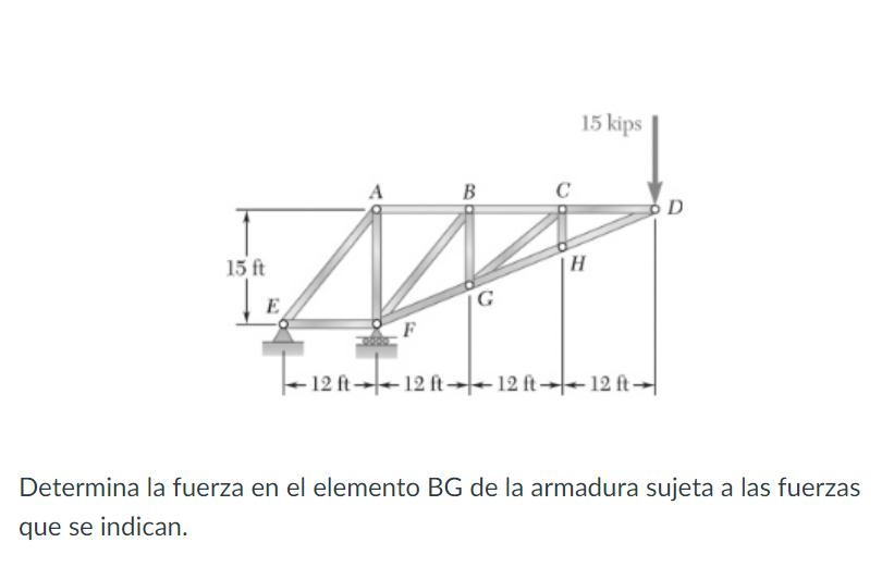 Determina la fuerza en el elemento BG de la armadura sujeta a las fuerzas que se indican.