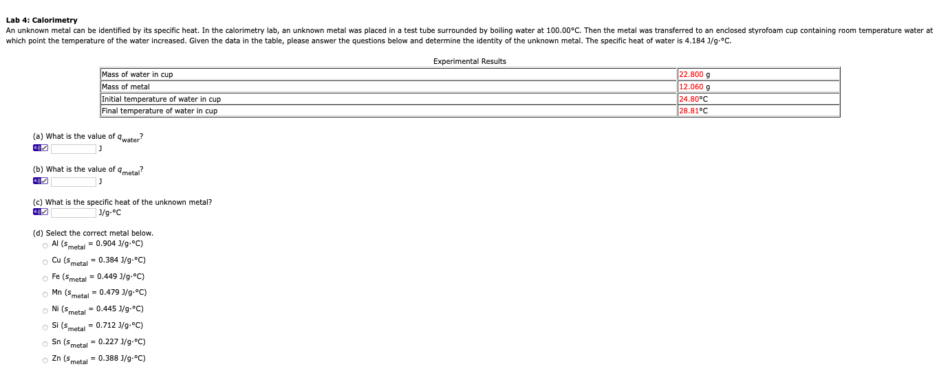 Solved Lab 4 Calorimetry An Unknown Metal Can Be Identif Chegg Com