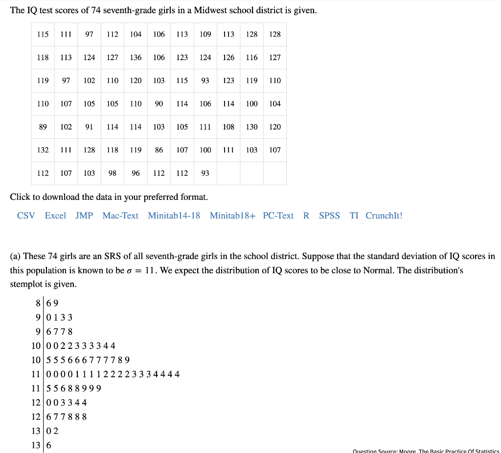 Solved The IQ test scores of 74 seventh-grade girls in a | Chegg.com