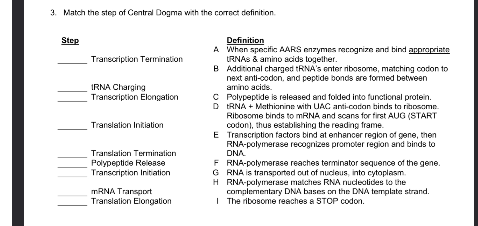 Solved 3. ﻿Match the step of Central Dogma with the correct | Chegg.com