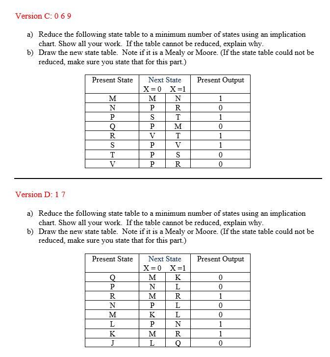 Solved Version C: 069 a) Reduce the following state table to | Chegg.com