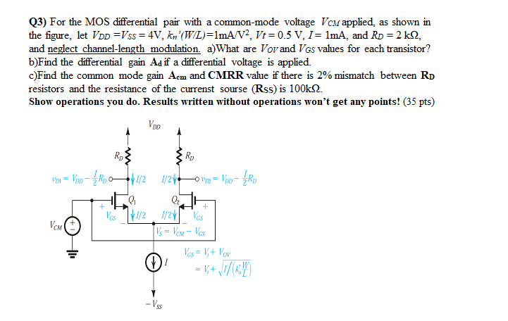 Solved Q3) For the MOS differential pair with a common-mode | Chegg.com